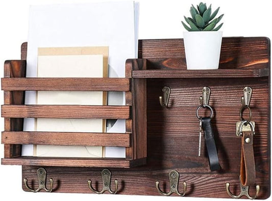CARLA HOME Rustic Wood Wall Mounted Key and Mail Holder Organizer with Shelf, Letter Slot & 6 Hooks for Entryway Decor Home