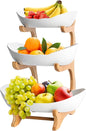 CARLA HOME 3-Tier Ceramic Fruit Bowl Basket with Bamboo Stand for Kitchen Counter, Snack Tray, Dessert Server & Vegetable Storage Rack