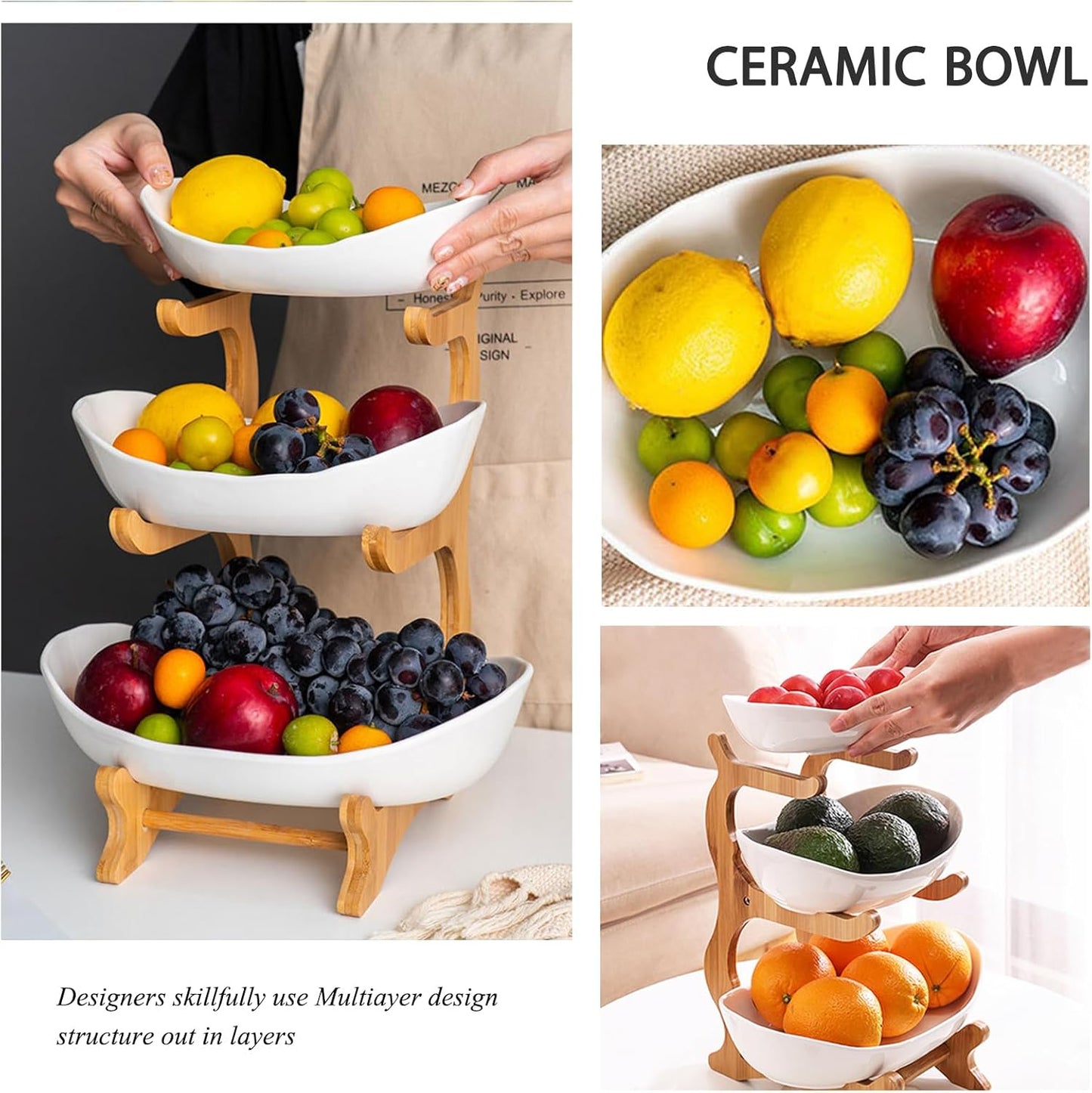 CARLA HOME 3-Tier Ceramic Fruit Bowl Basket with Bamboo Stand for Kitchen Counter, Snack Tray, Dessert Server & Vegetable Storage Rack