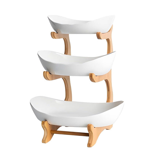 CARLA HOME 3-Tier Plastic Fruit Bowl Basket with Bamboo Stand for Kitchen Counter, Snack Tray, Dessert Server & Vegetable Storage Rack