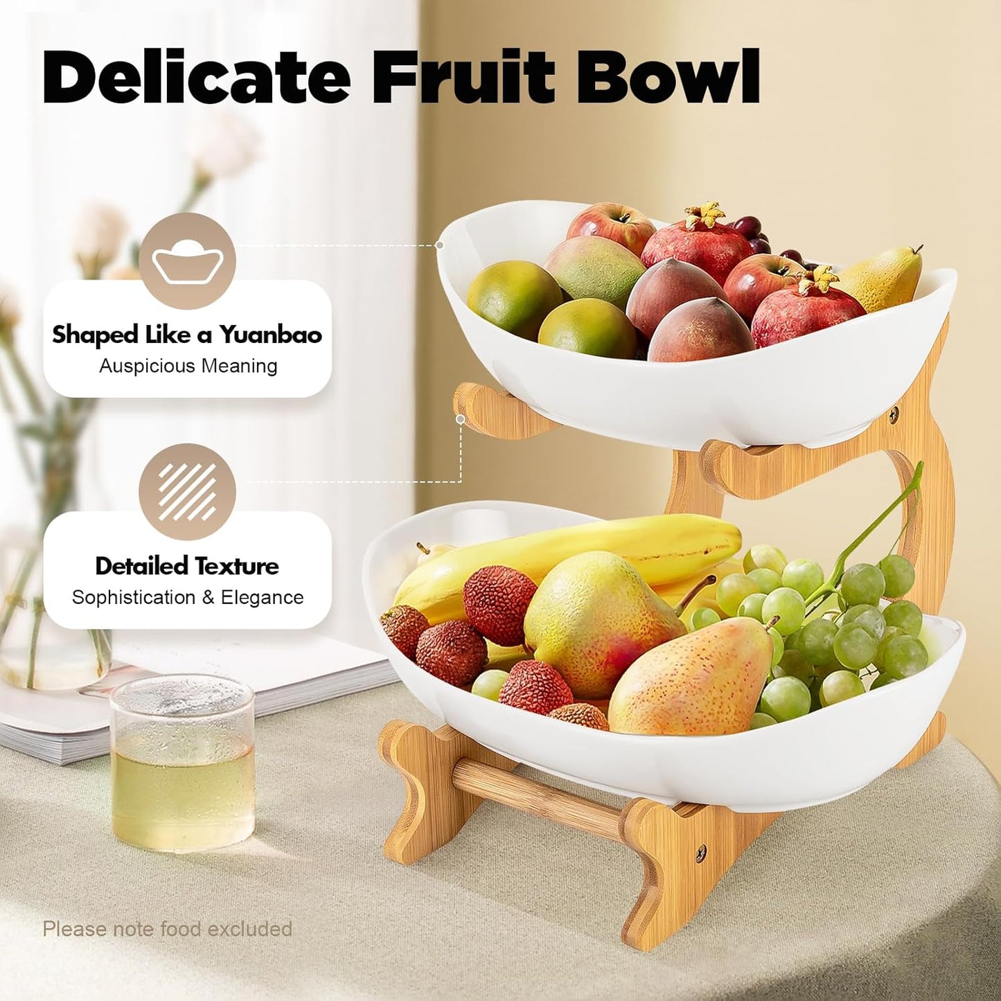 CARLA HOME 2-Tier Ceramic Fruit Bowl Basket with Bamboo Stand for Kitchen Counter, Snack Tray, Dessert Server & Vegetable Storage Rack