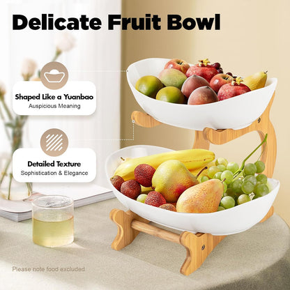 CARLA HOME 2-Tier Ceramic Fruit Bowl Basket with Bamboo Stand for Kitchen Counter, Snack Tray, Dessert Server & Vegetable Storage Rack