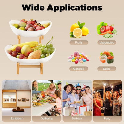 CARLA HOME 2-Tier Ceramic Fruit Bowl Basket with Bamboo Stand for Kitchen Counter, Snack Tray, Dessert Server & Vegetable Storage Rack