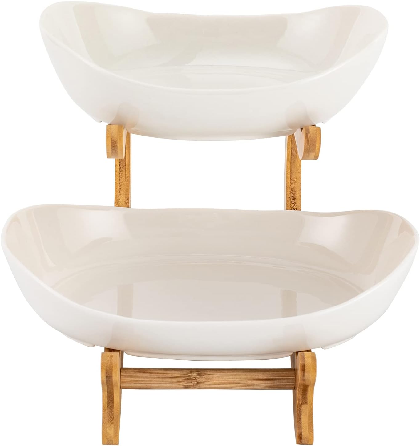 CARLA HOME 2-Tier Ceramic Fruit Bowl Basket with Bamboo Stand for Kitchen Counter, Snack Tray, Dessert Server & Vegetable Storage Rack