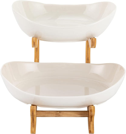 CARLA HOME 2-Tier Ceramic Fruit Bowl Basket with Bamboo Stand for Kitchen Counter, Snack Tray, Dessert Server & Vegetable Storage Rack