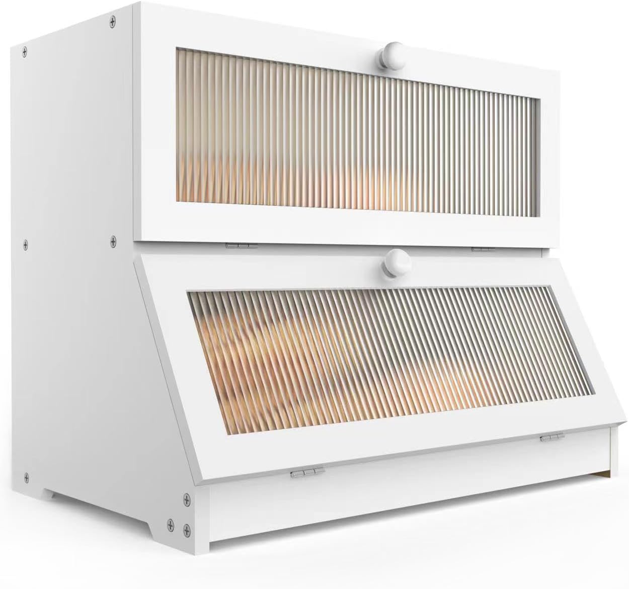 CARLA HOME Double Layer Bamboo Bread Box for Kitchen Counter - Large Capacity Bread Storage Container with Clear Window, Easy Assembly, Farmhouse Style Bread Holder (White)