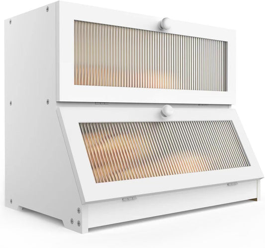 CARLA HOME Double Layer Bamboo Bread Box for Kitchen Counter - Large Capacity Bread Storage Container with Clear Window, Easy Assembly, Farmhouse Style Bread Holder (White)