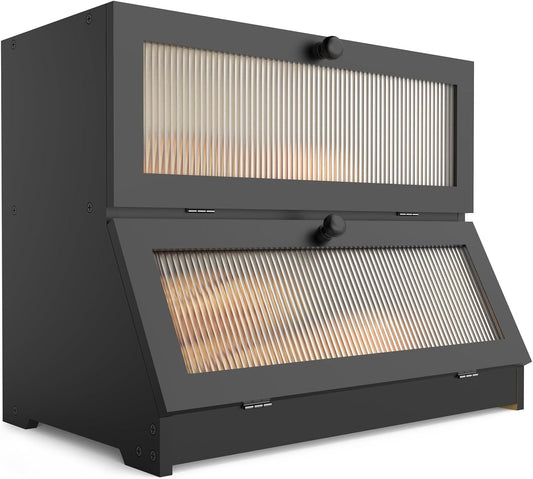 CARLA HOME Double Layer Bamboo Bread Box for Kitchen Counter - Large Capacity Bread Storage Container with Clear Window, Easy Assembly, Farmhouse Style Bread Holder (Black)