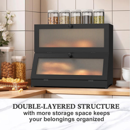 CARLA HOME Double Layer Bamboo Bread Box for Kitchen Counter - Large Capacity Bread Storage Container with Clear Window, Easy Assembly, Farmhouse Style Bread Holder (Black)