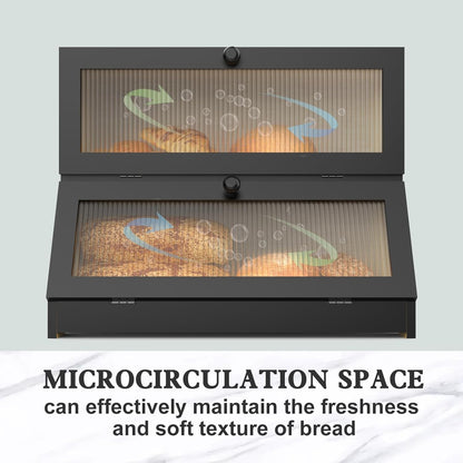 CARLA HOME Double Layer Bamboo Bread Box for Kitchen Counter - Large Capacity Bread Storage Container with Clear Window, Easy Assembly, Farmhouse Style Bread Holder (Black)