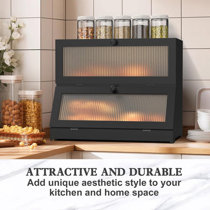 CARLA HOME Double Layer Bamboo Bread Box for Kitchen Counter - Large Capacity Bread Storage Container with Clear Window, Easy Assembly, Farmhouse Style Bread Holder (Black)