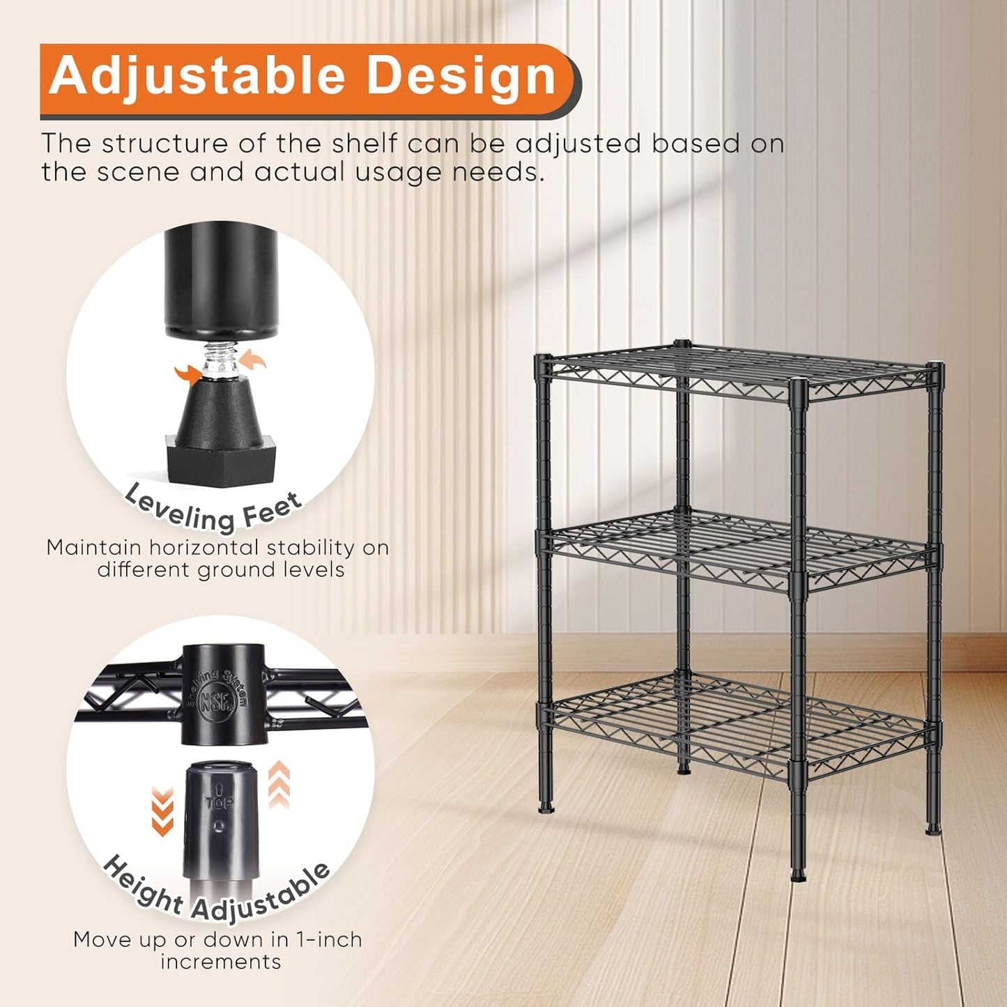CARLA HOME 3-Tier Adjustable Metal Storage Shelves Wire Rack Organizer for Kitchen, Pantry, Bathroom or Laundry Room (60cm W x 35cm D x 103cm H)