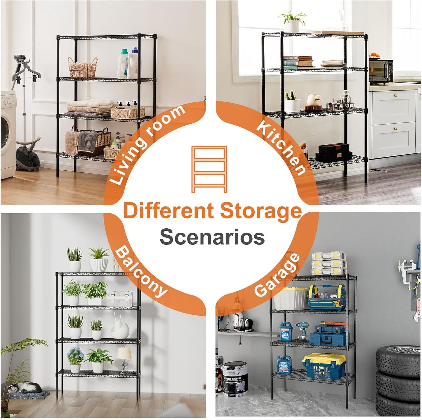 CARLA HOME 4-Tier Adjustable Metal Storage Shelves Wire Rack Organizer for Kitchen, Pantry, Bathroom or Laundry Room (60cm W x 40cm D x 140cm H)