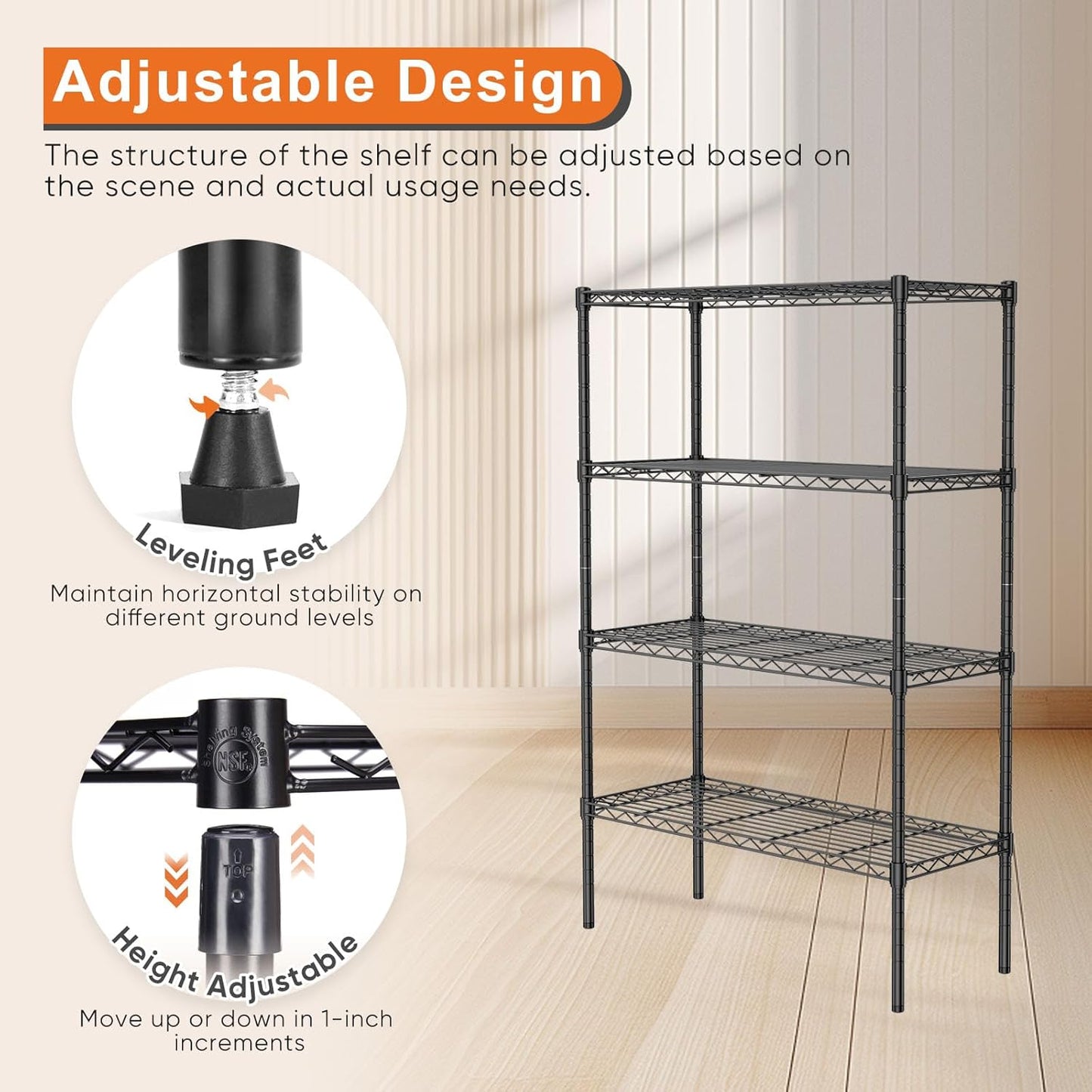 CARLA HOME 4-Tier Adjustable Metal Storage Shelves Wire Rack Organizer for Kitchen, Pantry, Bathroom or Laundry Room (60cm W x 40cm D x 140cm H)