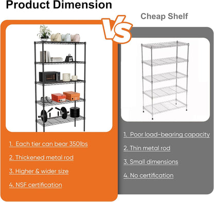 CARLA HOME 5-Tier Adjustable Metal Storage Shelves Wire Rack Organizer for Kitchen, Pantry, Bathroom or Laundry Room (60cm W x 40cm D x 176cm H)