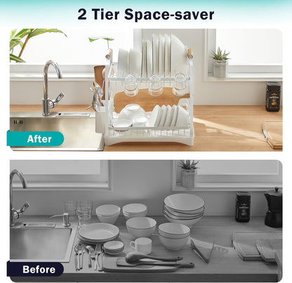 CARLA HOME 2-Tier Large Dish Drying Rack with Drainboard, Utensil Holder, Glass Hooks & Cutlery Storage (White)