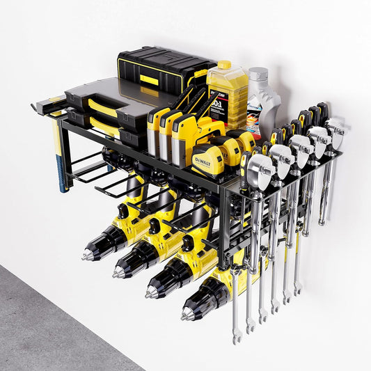 CARLA HOME 2-Tier Power Tool Rack Organizer Wall Mount with Drill Holder & Wrench Hooks for Cordless Tools & Workshop Organization