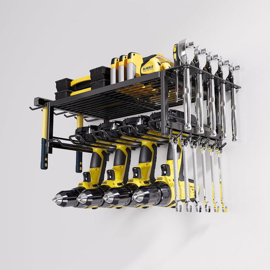 CARLA HOME 2-Tier Power Tool Rack Organizer Wall Mount with Drill Holder & Wrench Hooks for Cordless Tools & Workshop Organization