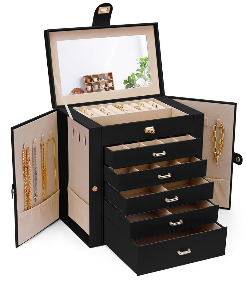 CARLA HOME 6-Layer Large Jewelry Box for Women withDrawers, Mirror, Lock, Necklace Hooks & Side Compartments for Rings, Earrings, Bracelets, Gifts (Black)