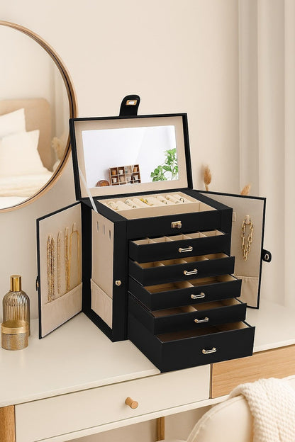 CARLA HOME 6-Layer Large Jewelry Box for Women withDrawers, Mirror, Lock, Necklace Hooks & Side Compartments for Rings, Earrings, Bracelets, Gifts (Black)