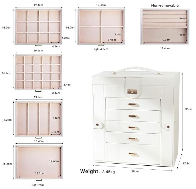 CARLA HOME 6-Layer Large Jewelry Box for Women withDrawers, Mirror, Lock, Necklace Hooks & Side Compartments for Rings, Earrings, Bracelets, Gifts (White)