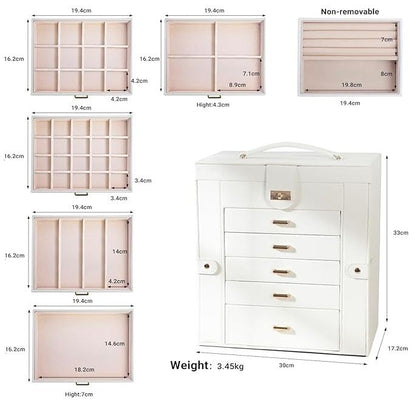 CARLA HOME 6-Layer Large Jewelry Box for Women withDrawers, Mirror, Lock, Necklace Hooks & Side Compartments for Rings, Earrings, Bracelets, Gifts (White)