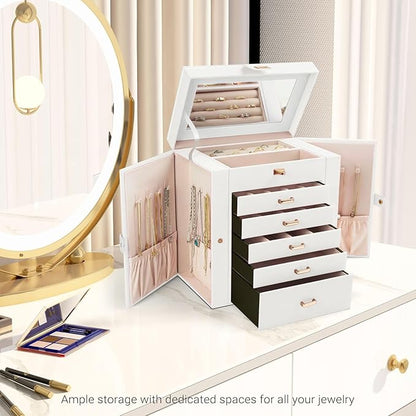 CARLA HOME 6-Layer Large Jewelry Box for Women withDrawers, Mirror, Lock, Necklace Hooks & Side Compartments for Rings, Earrings, Bracelets, Gifts (White)