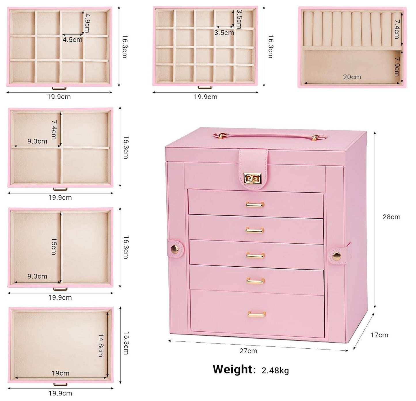 CARLA HOME 6-Layer Large Jewelry Box for Women withDrawers, Mirror, Lock, Necklace Hooks & Side Compartments for Rings, Earrings, Bracelets, Gifts (Pink)