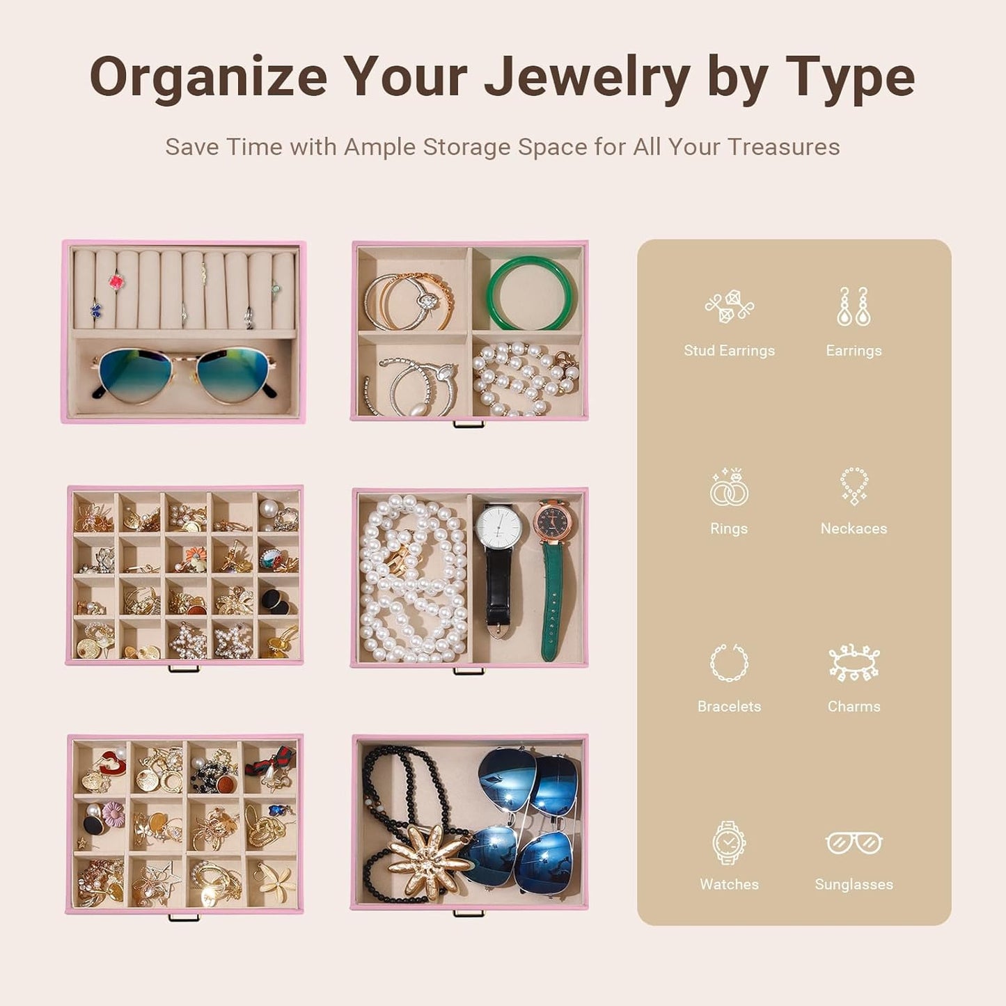 CARLA HOME 6-Layer Large Jewelry Box for Women withDrawers, Mirror, Lock, Necklace Hooks & Side Compartments for Rings, Earrings, Bracelets, Gifts (Pink)