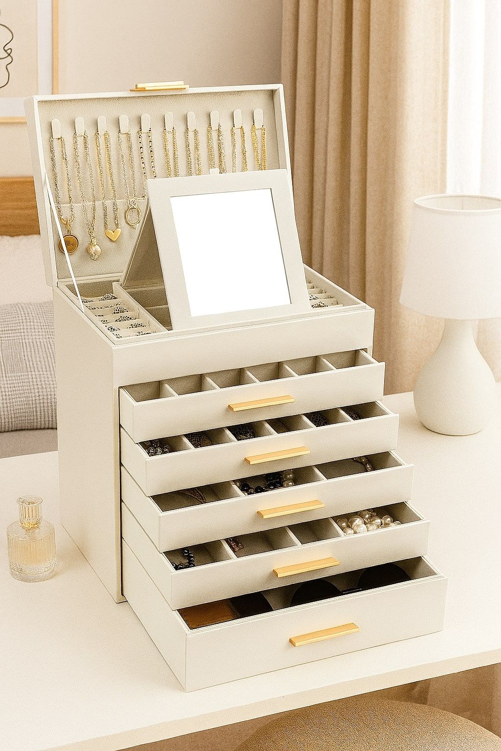 CARLA HOME  6-Layer Large Jewelry Organizer Box for Women with Mirror, Drawers, Hooks & Dividers for Rings, Necklaces, Bracelets, Ideal Gift for Women (White)