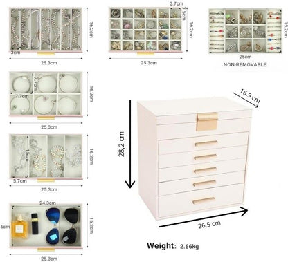 CARLA HOME  6-Layer Large Jewelry Organizer Box for Women with Mirror, Drawers, Hooks & Dividers for Rings, Necklaces, Bracelets, Ideal Gift for Women (White)