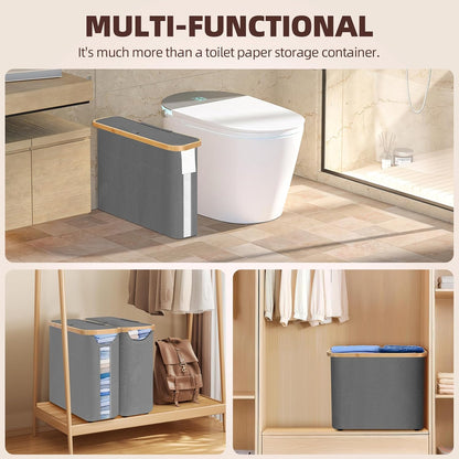 CARLA HOME 2 pack Toilet Paper Storage Basket Holds Up to 12 Rolls with Bamboo Lid and Handle for RV Closet (Grey)