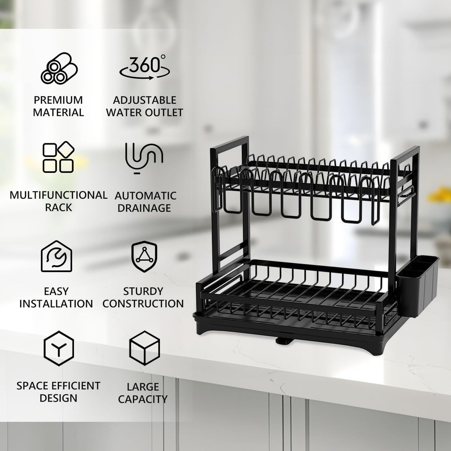 CARLA HOME Dish Drying Rack 2-Tier Kitchen Drainer with Drainboard