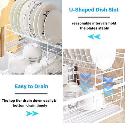 CARLA HOME 2-Tier Dish Drying Rack for Kitchen Counter with Removable Drip Tray, Utensil Holder and Cutlery Organizer