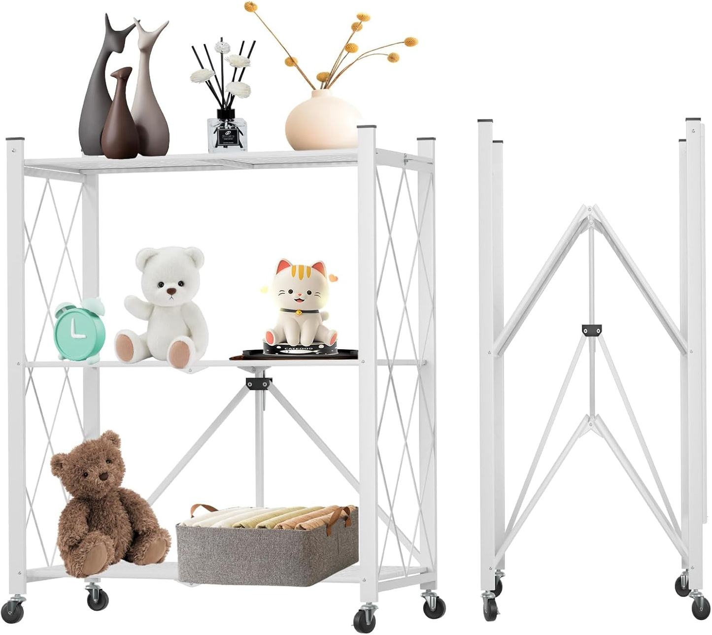 CARLA HOME 3-Tier Foldable Storage Shelf with Wheels for Kitchen, Garage, Pantry or Basement (White)