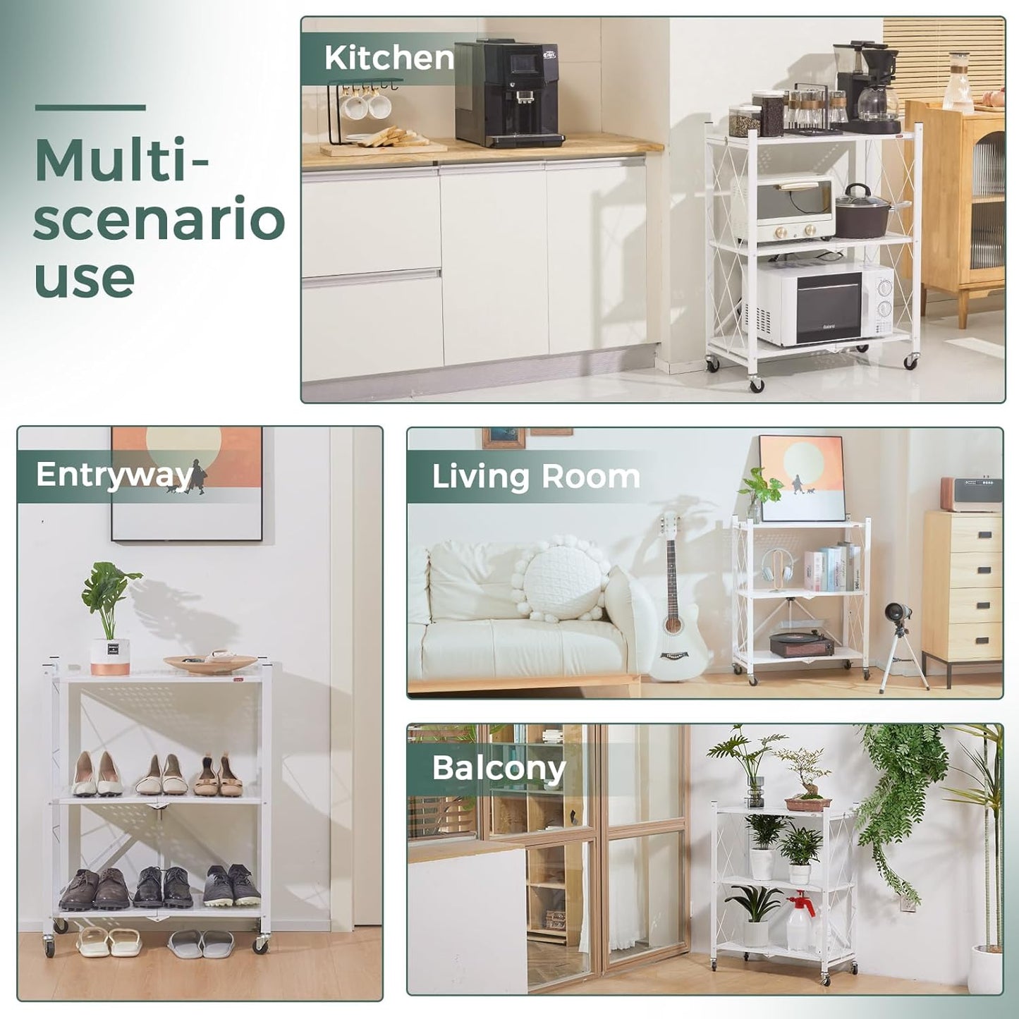 CARLA HOME 3-Tier Foldable Storage Shelf with Wheels for Kitchen, Garage, Pantry or Basement (White)