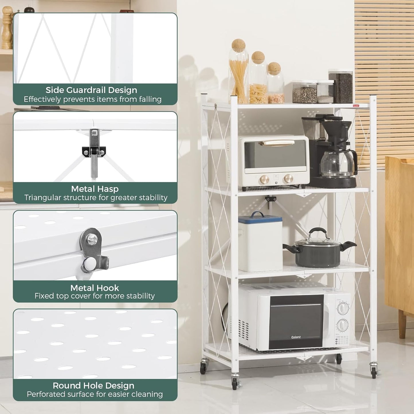 CARLA HOME 3-Tier Foldable Storage Shelf with Wheels for Kitchen, Garage, Pantry or Basement (White)