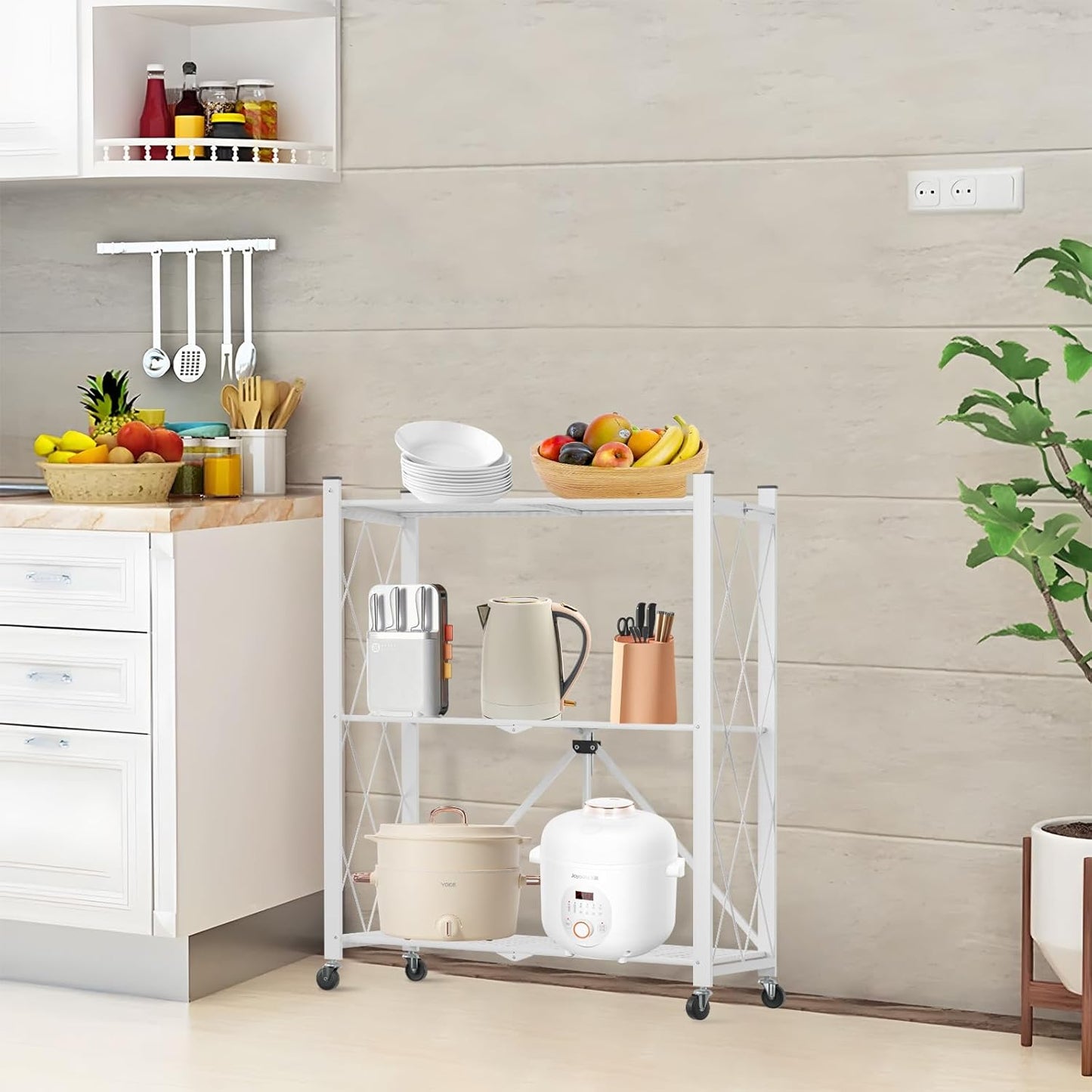CARLA HOME 3-Tier Foldable Storage Shelf with Wheels for Kitchen, Garage, Pantry or Basement (White)