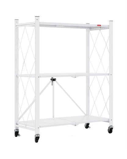 CARLA HOME 3-Tier Foldable Storage Shelf with Wheels for Kitchen, Garage, Pantry or Basement (White)
