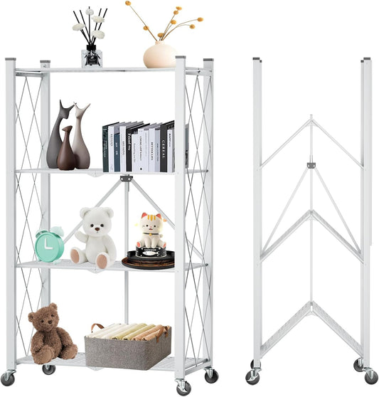 CARLA HOME 4-Tier Foldable Storage Shelf with Wheels for Kitchen, Garage, Pantry or Basement (White)