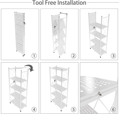 CARLA HOME 5-Tier Foldable Storage Shelf with Wheels for Kitchen, Garage, Pantry or Basement (White)
