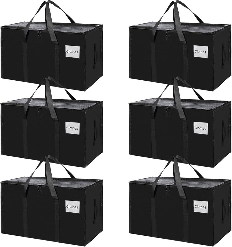 CARLA HOME 6-Pack Large Moving Storage Bags with Zippers & Handles with 95 Liters Capacity for Space Saving, Travel, Camping & Organization (Black)