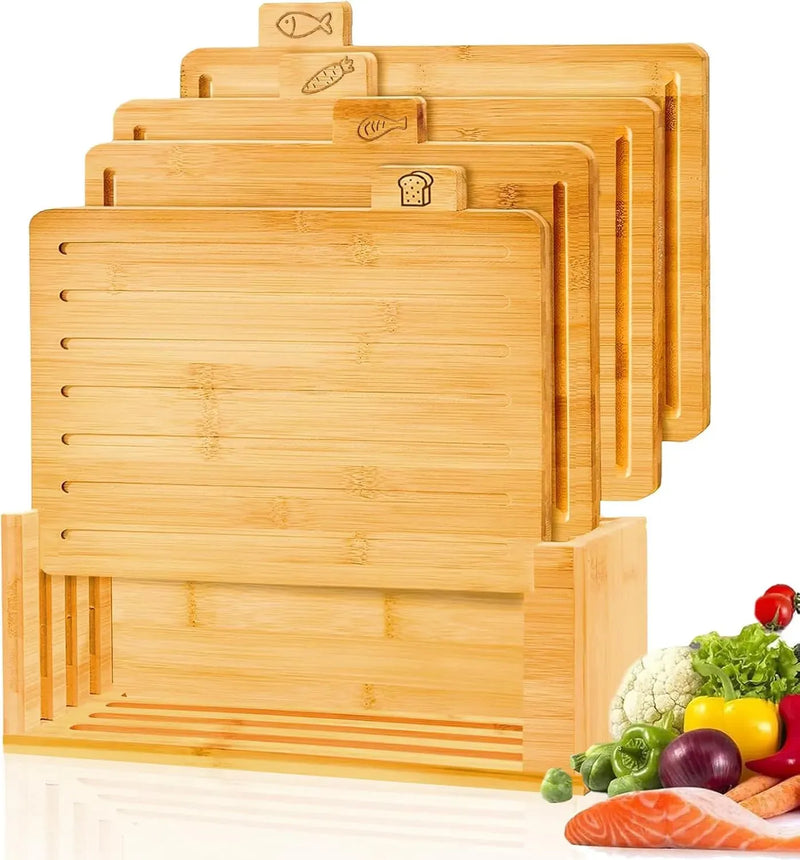 CARLA HOME Bamboo Cutting Board Set with Stand, 4 Pieces for Kitchen