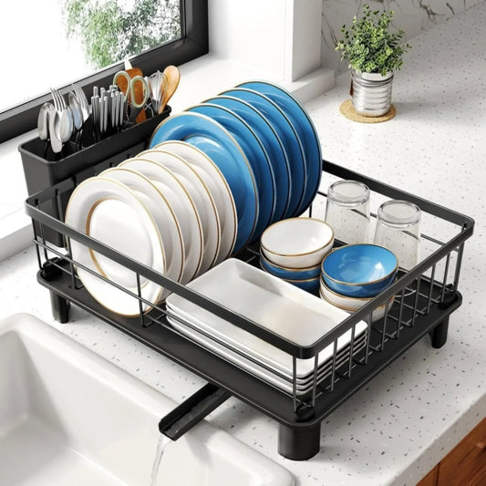 CARLA HOME Dish Drying Rack with Drainboard & Utensil Holder for Kitchen (Black)