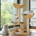 Large Cat Scratching Post Tree Tower with Baskets and Cubby Cave in Natural Wood & White, 60x40x99cm