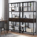 Metal Bookcase With Drawers, Dark Walnut & Black, 90x30x180cm, 6 Shelves