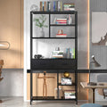 Metal Bookcase With Drawers, Dark Walnut & Black, 90x30x180cm, 6 Shelves