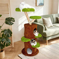 Large Multi-Level Cat Tree Tower in Green & Brown with Plush and Wood Design, 61x148cm