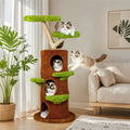 Large Multi-Level Cat Tree Tower in Green & Brown with Plush and Wood Design, 61x148cm