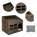 Large Solid Wooden Cat House in Deep Brown with Soft Cushion, 47.3x35x42cm
